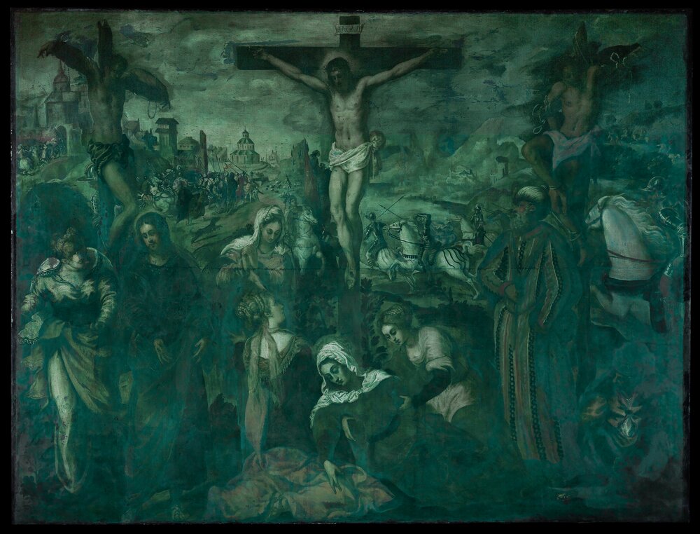 Padova,  Musei Civici - Museo d'arte medievale e moderna, J. Robusti (Tintoretto), Crocifissione - fluorescenza ultravioletta prima del restauro