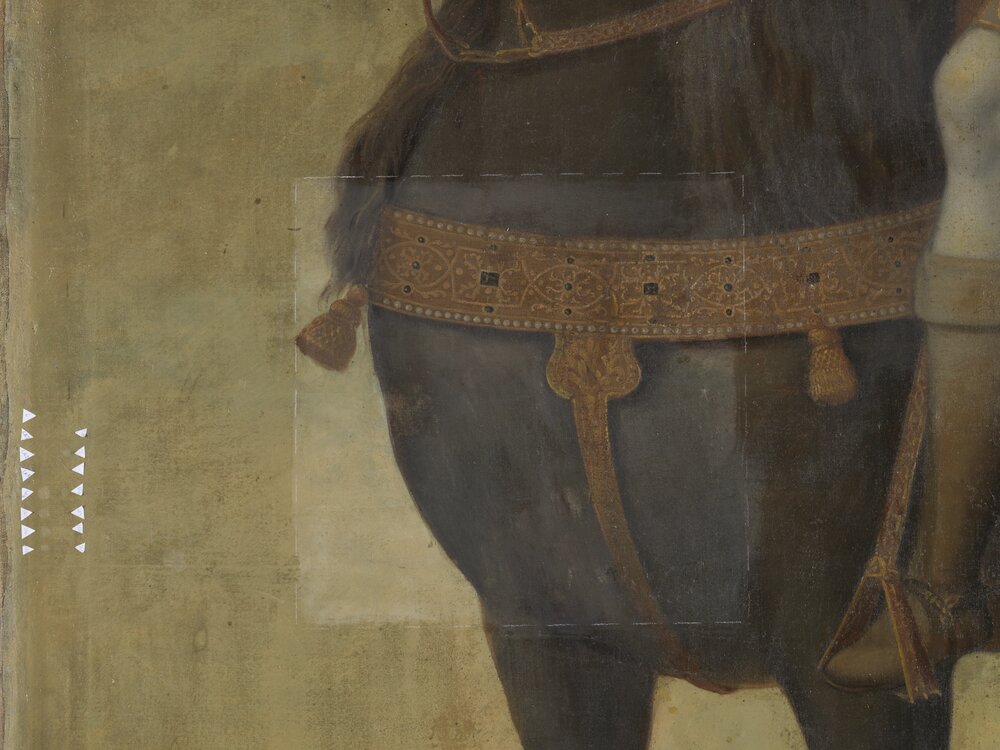 Moncalieri, Castle, Equestrian portrait of Philip of Savoy, Duke of Achaia, inv. 298 - during restoration, cleaning