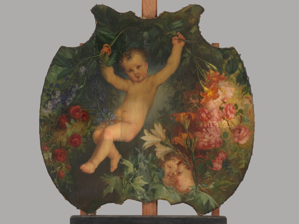 Moncalieri, Castello, A. e G. Ferri, Putti scherzanti, inv. 414 - durante il restauro, pulitura