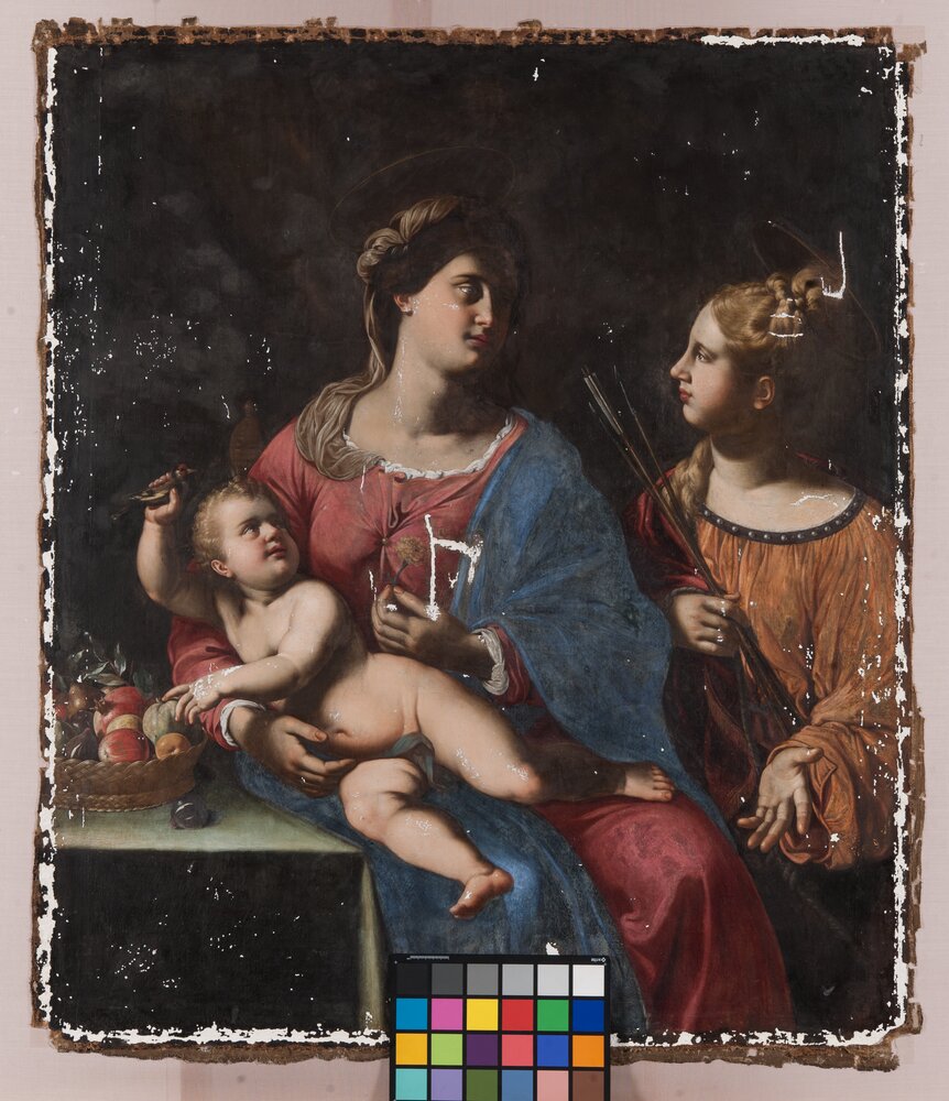 Moncalieri, Castello, A. Gramatica, Madonna con Bambino e S. Cristina, inv. 136 - durante il restauro, stuccatura