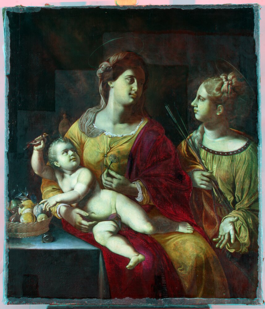 Moncalieri, Castello, A. Gramatica, Madonna con Bambino e S. Cristina, inv. 136 - infrarosso in falso colore durante il restauro (1150 nm)