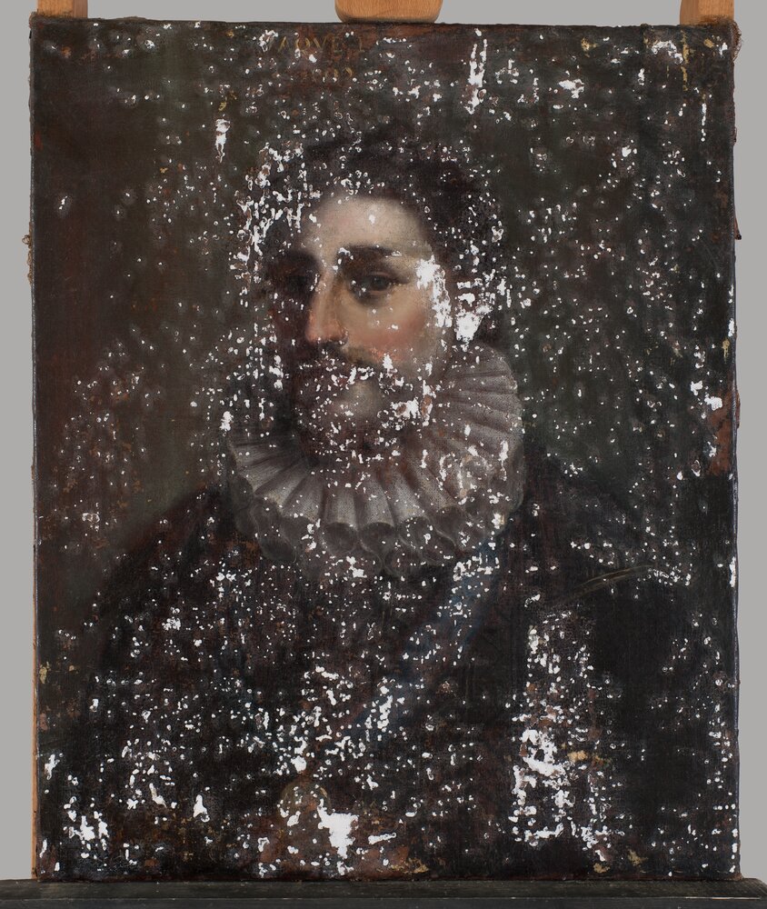 Moncalieri, Castle, Portrait of Emperor James I, inv. 1299 AD - during restoration, grouting