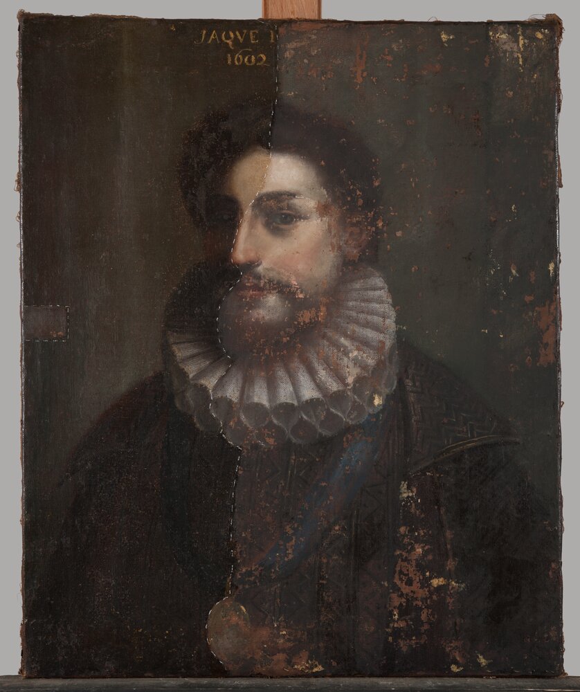 Moncalieri, Castle, Portrait of Emperor James I, inv. 1299 DC - during restoration, cleaning