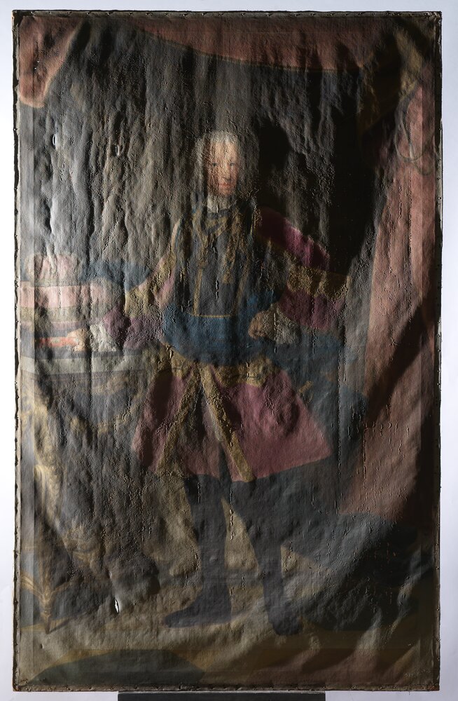 Venaria, Reggia, G. Duprà (attr.), Portrait of Carlo Emanuele III, inv. R 2502 - grazing light before restoration