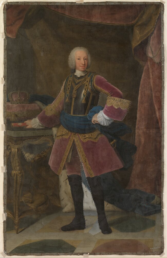 Venaria, Reggia, G. Duprà (attr.), Portrait of Carlo Emanuele III, inv. R 2502 - during restoration