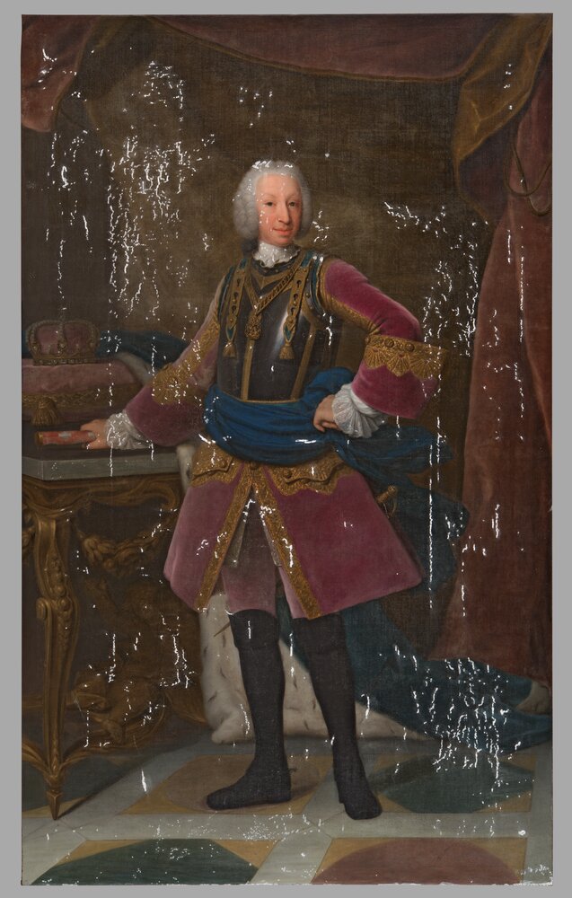 Venaria, Reggia, G. Duprà (attr.), Portrait of Carlo Emanuele III, inv. R 2502 - during restoration, grouting