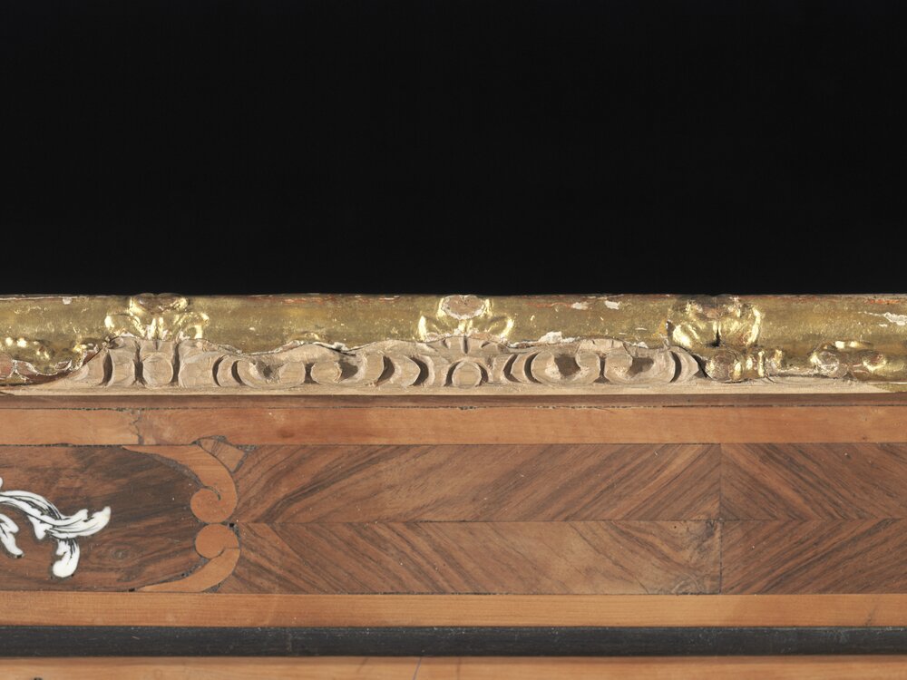 Nichelino, Stupinigi Hunting Palace, L. Prinotto (atr.) Double-bodied Deer Chest of Drawers, inv. 2346 - during restoration, integrations