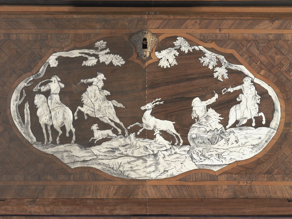 Nichelino, Stupinigi Hunting Palace, L. Prinotto (atr.) Double-bodied Deer Chest of Drawers, inv. 2346 - during restoration, cleaning 