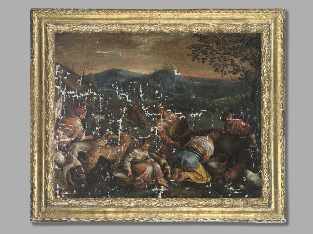 Nichelino, Hunting lodge of Stupinigi, J. da Ponte (Bassano), Country scene, inv. 54 - during restoration, grouting 