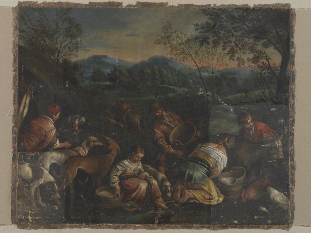Nichelino, Hunting lodge of Stupinigi, J. da Ponte (Bassano), Country scene, inv. 54 - during restoration, cleaning
