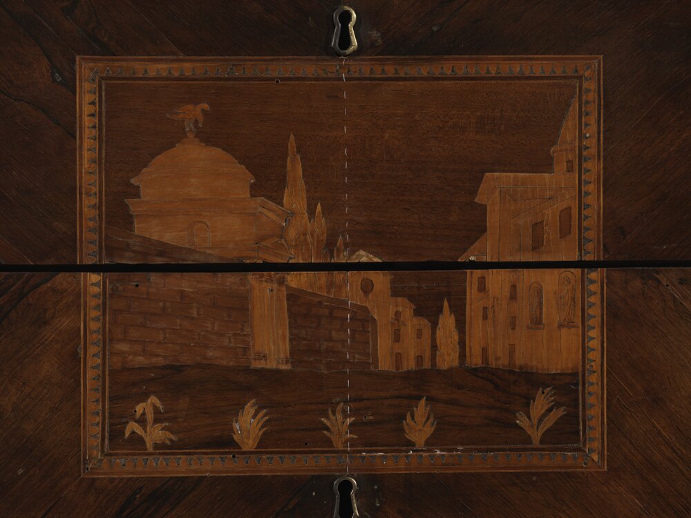 Nichelino, Palazzina di Caccia di Stupinigi, I. and L. Ravelli (attr.), Chest of drawers with architecture, inv. 2156 - during the restoration