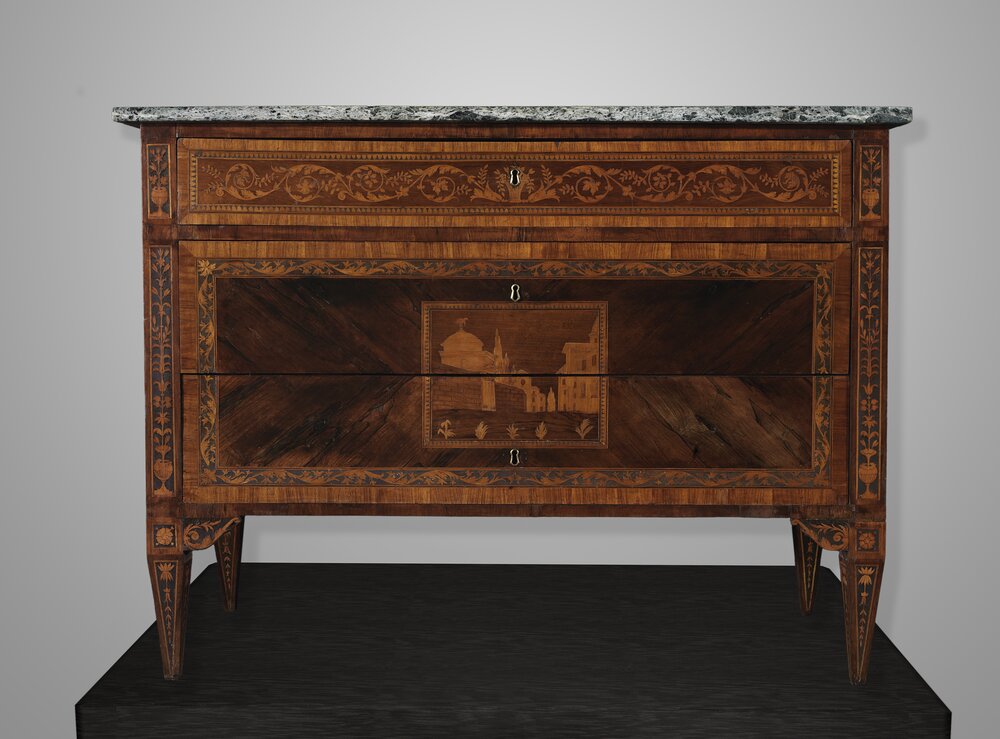 Nichelino, Palazzina di Caccia di Stupinigi, I. and L. Ravelli (attr.), Chest of drawers with architecture, inv. 2156 - after restoration