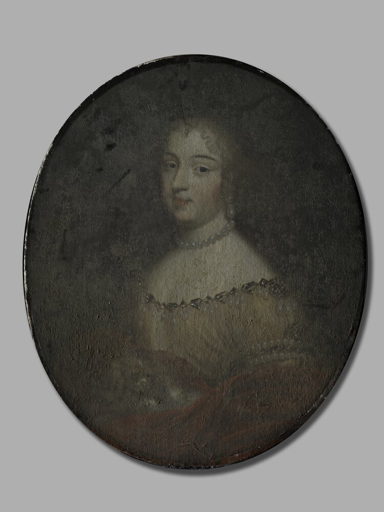 Nichelino, Stupinigi's Hunting Lodge, Portrait of Maria Giovanna Battista di Savoia, inv. 17 - before restoration, grazing light
