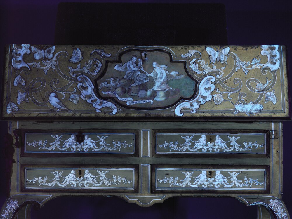 Nichelino, Palazzina di Caccia di Stupinigi, L. Prinotto, P. Piffetti (attr.), Desk of Diana, inv. 2369 - UV analysis
