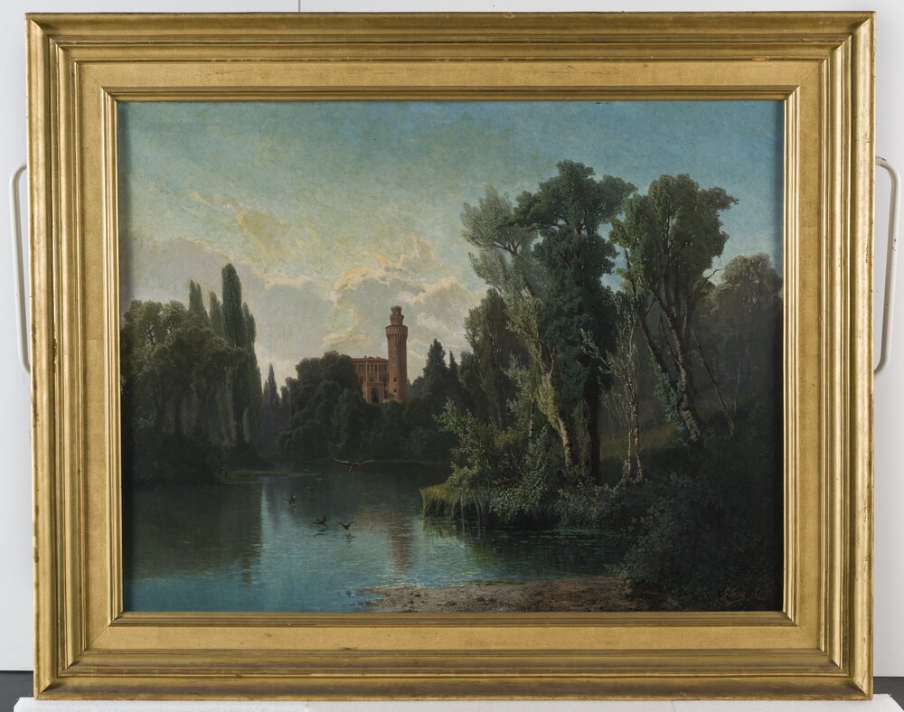66mc01-TE-2019_Racconigi, Castello, G. Corsi, Veduta del Castello di Pollenzo dal lago, inv. R 1296