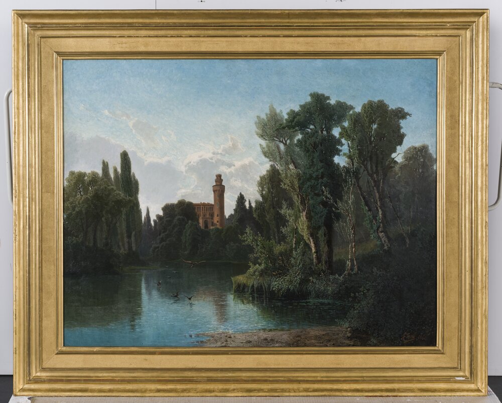 Racconigi, Castello, G. Corsi, Veduta del Castello di Pollenzo dal lago, inv. R 1296 - dopo il restauro
