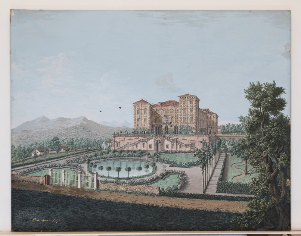 Racconigi, Castello, M. A. Di Savoia, Veduta della fontana e del parterre del castello di Agliè, inv. 3053 - prima del restuaro