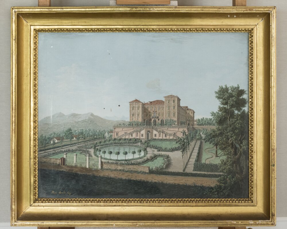 66mc02-CF-2019_Racconigi, Castello, M. A. Di Savoia, Veduta della fontana e del parterre del castello di Agliè, inv. 3053

