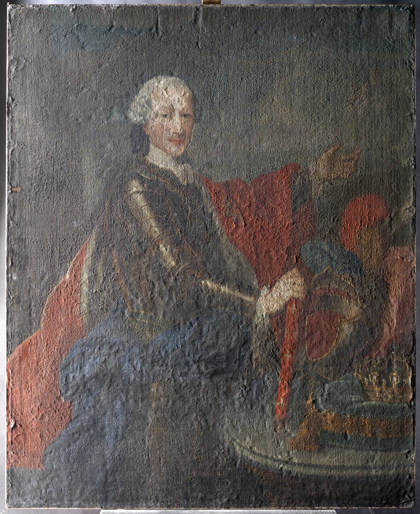 Venaria Reale, Reggia, G. Duprà (attr.), Ritratto di Vittorio Amedeo III, inv. R 5753 - prima del restauro, luce radente 