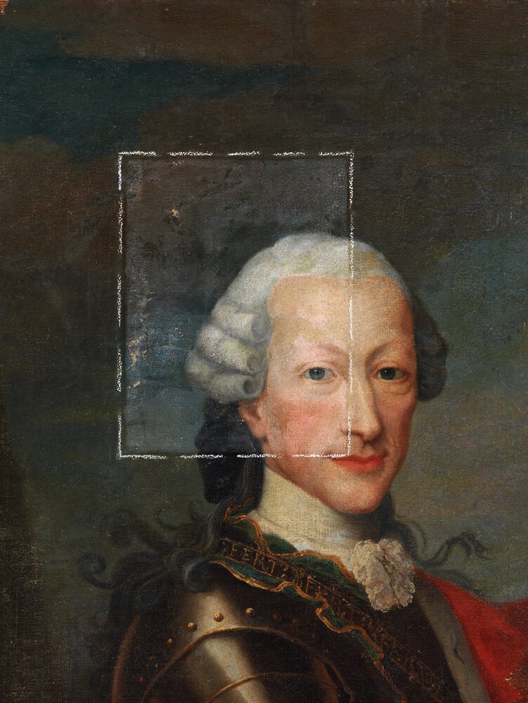 Venaria Reale, Reggia, Ritratto di Vittorio Amedeo III, inv. R 5753 - durante il restauro, pulitura