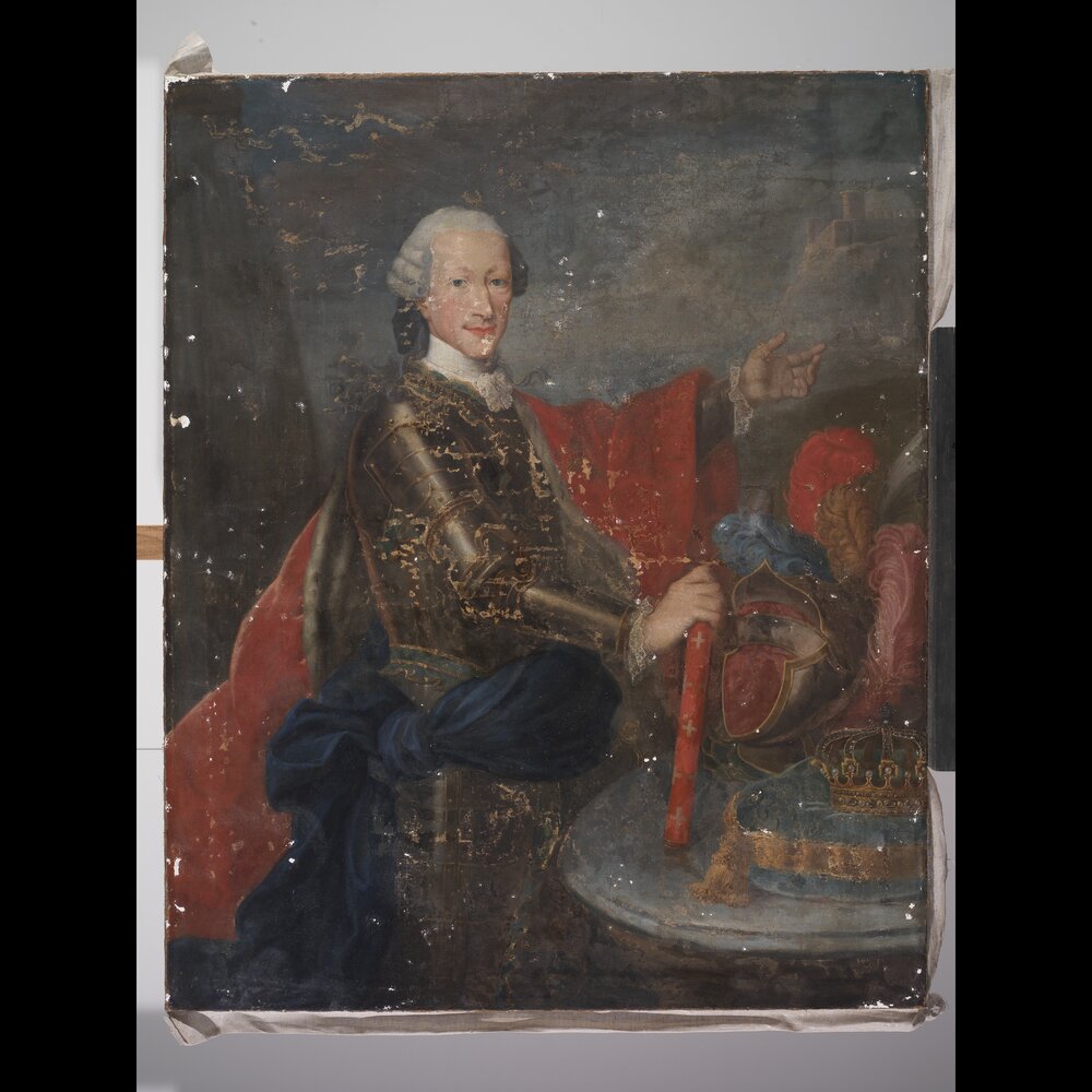 Venaria Reale, Reggia, G. Duprà (attr.),  Ritratto di Vittorio Amedeo III, inv. R 5753 - durante il restauro, stuccatura