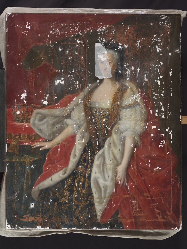 Venaria, Reggia, G. Duprà (attr.), Maria Antonia Ferdinanda di Borbone, inv. R 5752 - durante il restauro, stuccatura