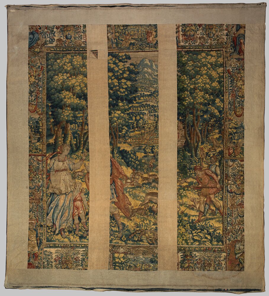 Milano, Villa Necchi Campiglio (FAI), Caccia al cervo con figure mitologiche (arazzo), verso - prima del restauro