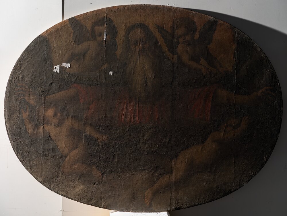 Saronno, Chiesa Prepositurale SS. Pietro e Paolo, G. Ferrari, Dio Padre circondato da quattro angeli - prima del restauro, luce radente 