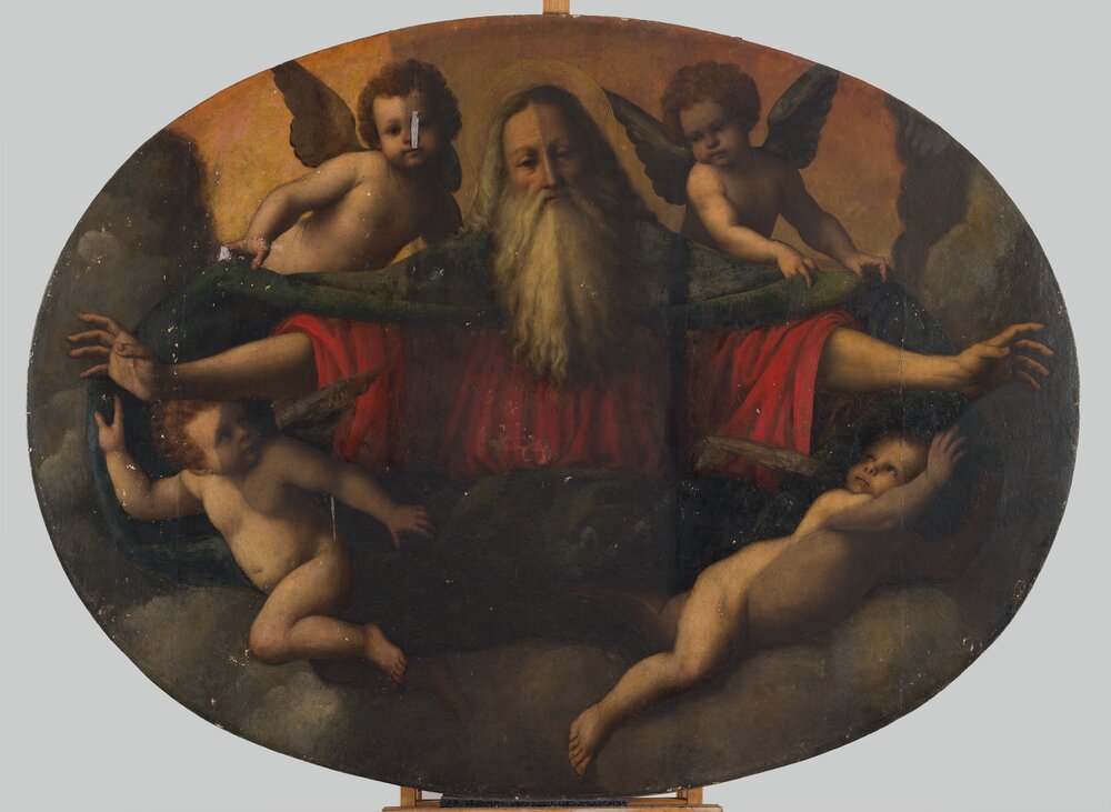 Saronno, Chiesa Prepositurale SS. Pietro e Paolo, G. Ferrari, Dio Padre circondato da quattro angeli - durante il restauro