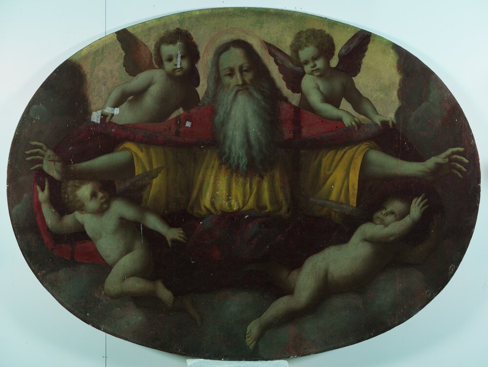 Saronno, Chiesa Prepositurale SS. Pietro e Paolo, G. Ferrari, Dio Padre circondato da quattro angeli - infrarosso in falso colore (850 nm)