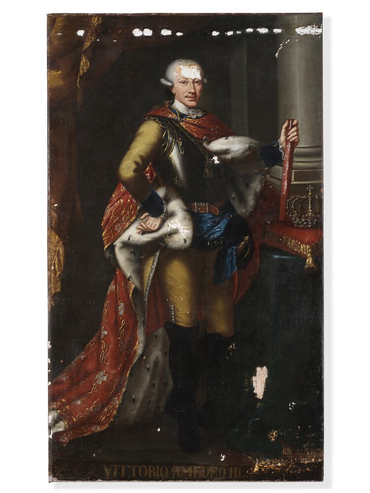 Venaria, Reggia, Portrait of Vittorio Amedeo III in majesty, inv. R. 6472 - during restoration, grouting 