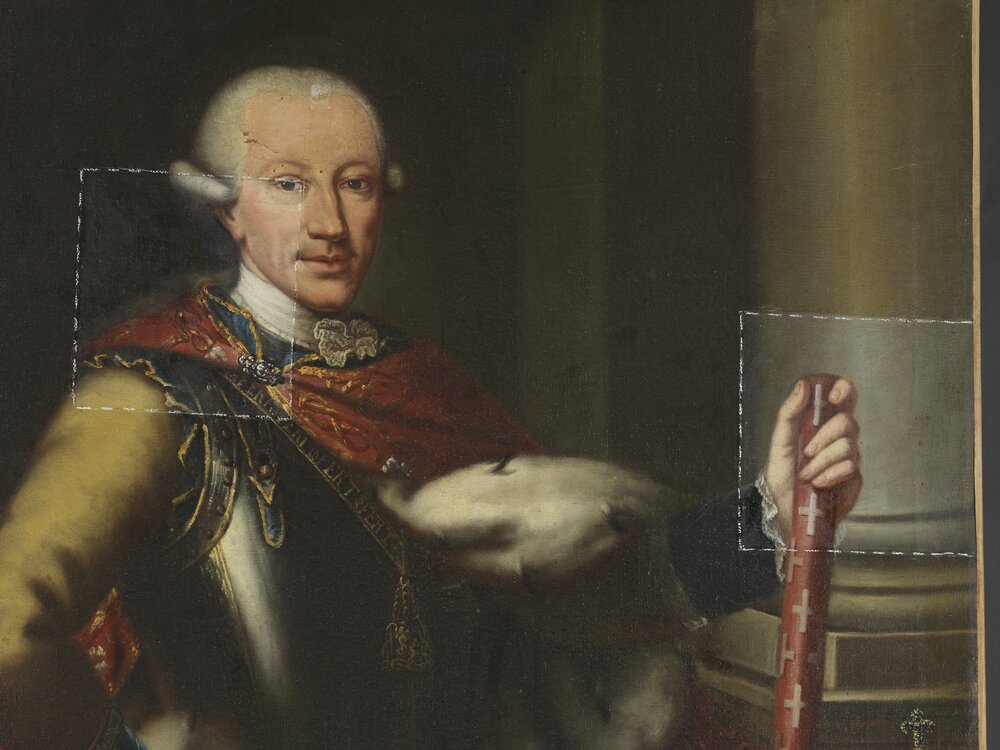 Venaria, Reggia, G. Panealbo (attr.), Portrait of Vittorio Amedeo III in majesty, inv. R. 6472 - during restoration, cleaning