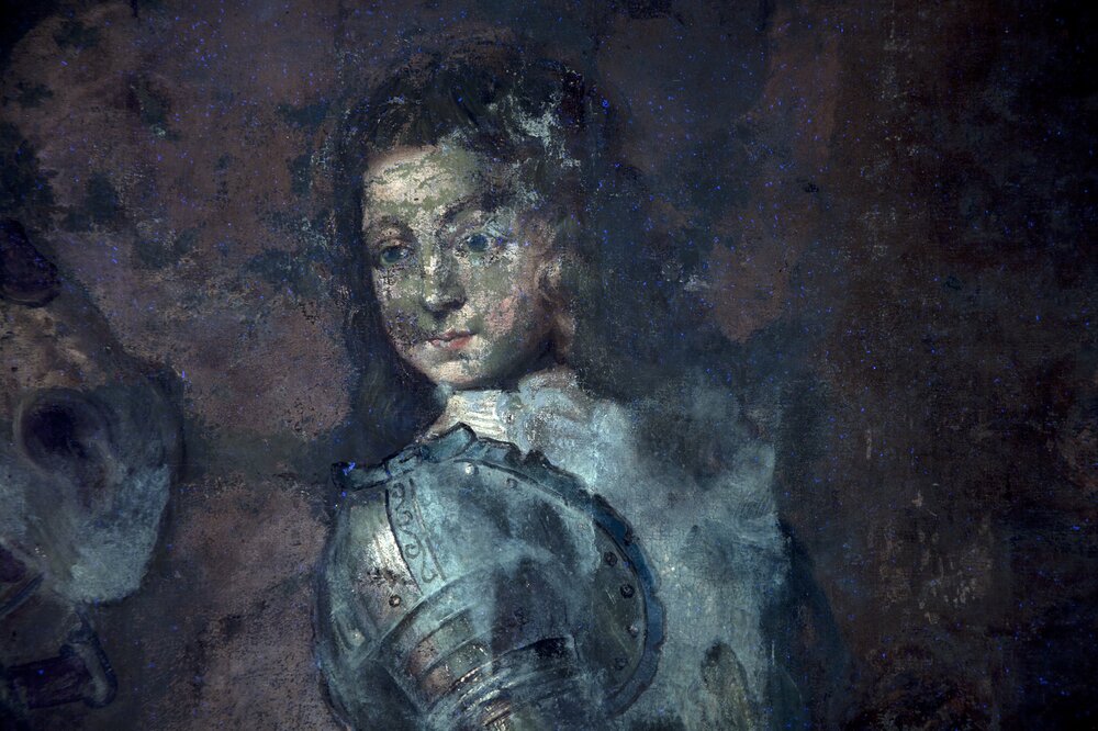 Venaria, Reggia, C. Dauphin, Equestrian portrait of Carlo Emanuele II with his son Vittorio Amedeo II, inv. R 6748 - UV analysis during restoration