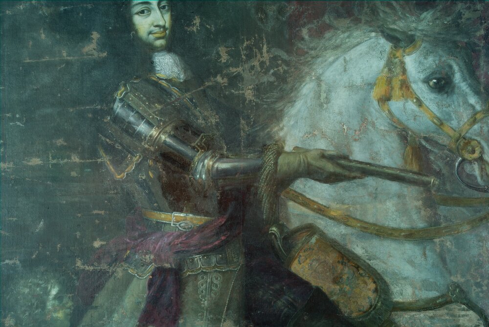 Venaria, Reggia, C. Dauphin, Equestrian portrait of Carlo Emanuele II with his son Vittorio Amedeo II, inv. R 6748 - Infrared in false color 