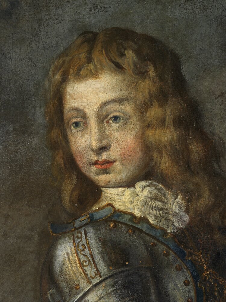 Venaria, Reggia, C. Dauphin, Equestrian portrait of Carlo Emanuele II with his son Vittorio Amedeo II, inv. R 6748 - before restoration