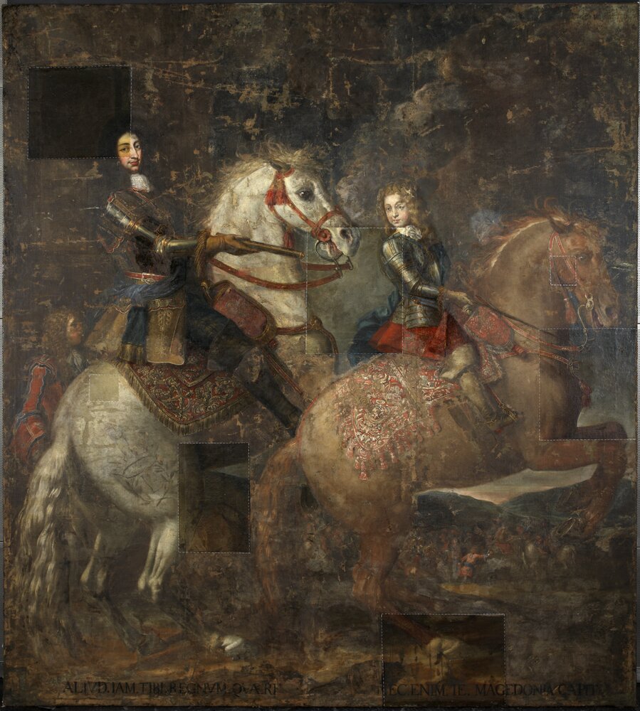 Venaria, Reggia, C. Dauphin, Equestrian portrait of Carlo Emanuele II with his son Vittorio Amedeo II, inv. R 6748 - during restoration, cleaning