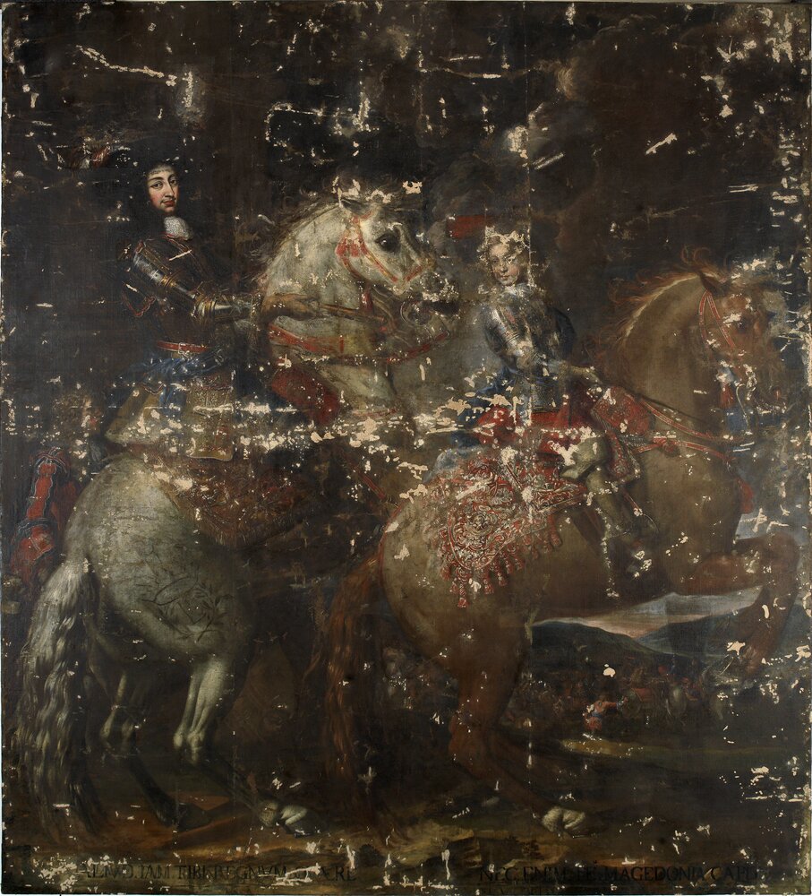 Venaria, Reggia, C. Dauphin, Equestrian portrait of Carlo Emanuele II with his son Vittorio Amedeo II, inv. R 6748 - during restoration, grouting