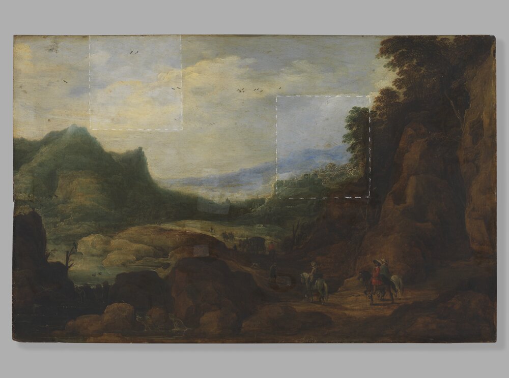 Galleria Sabauda, J. de Momper, Landscape with carriage and knights inv. 308, cat. 240 - during the restoration
