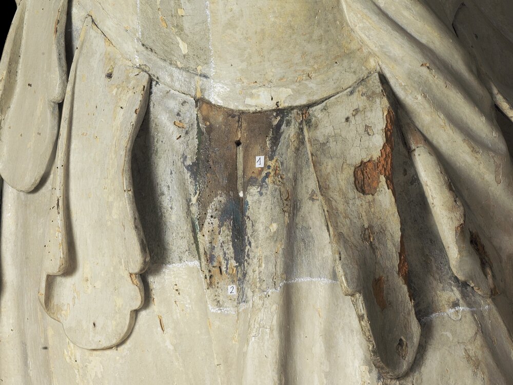 Venaria, Reggia, San Quirino - Saint warrior without helmet - during the restoration, stratigraphies