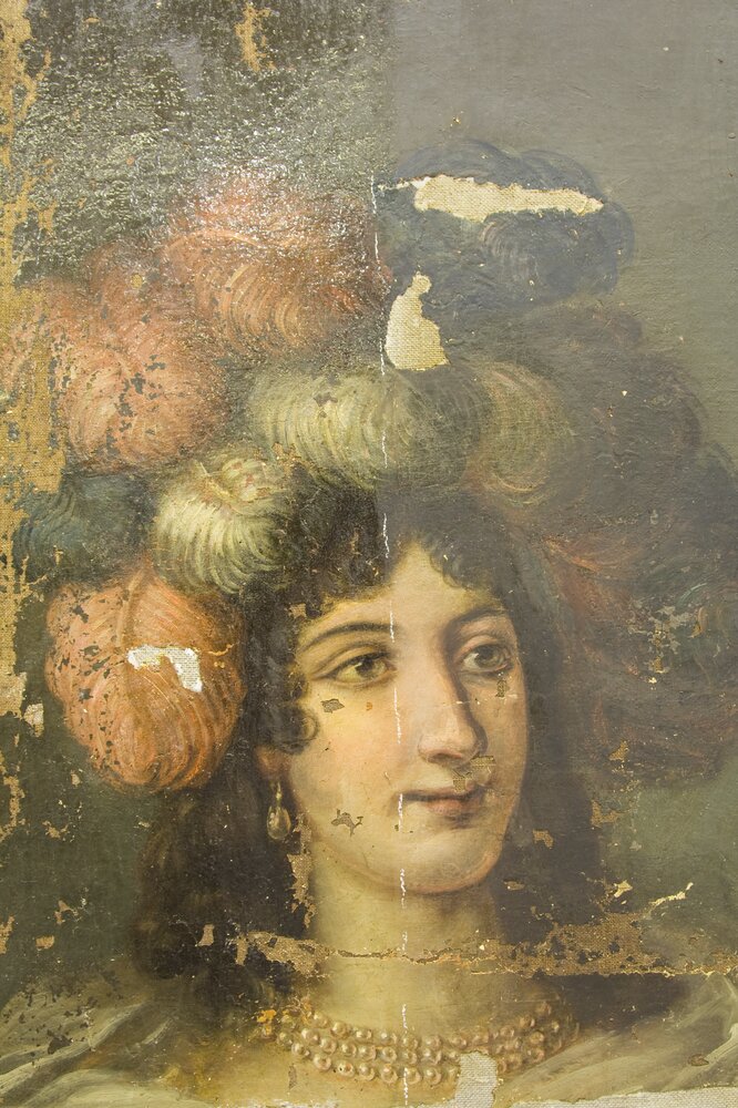 Venaria, Reggia, B. Mathieu, Caterina Isnarda marquise of Caluso and Delibera Eleonora S.Martino di Parella marquise of Rhodes, inv. 273 - during restoration, cleaning