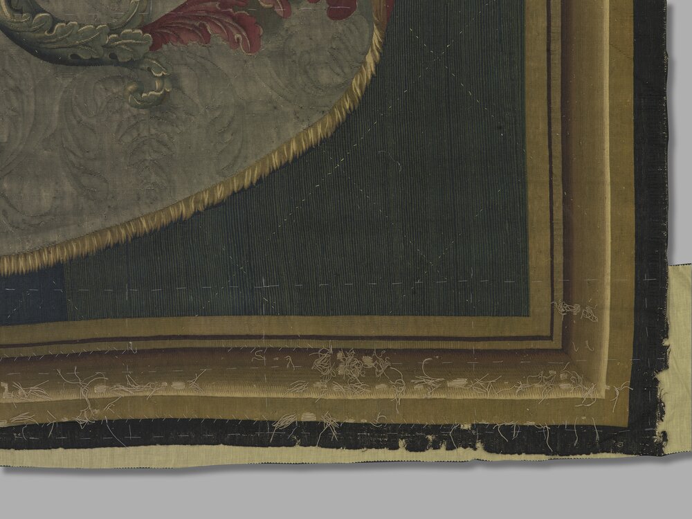 Turin, Civic Museum of Ancient Art - Palazzo Madama, A. Bruno, Door tapestry with coat of arms of Vittorio Amedeo III, inv. 901/A - during restoration