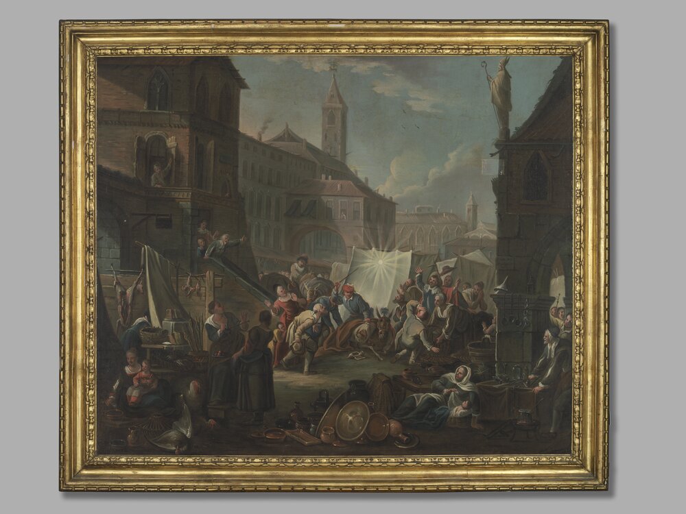 35-TE-2007_Venaria, Reggia, P. D. Olivero (attr.), The miracle of the Blessed Sacrament in the Piazza del Grano in Turin: the fall of the donkey, inv. RP 264 (property of the Piedmont region)