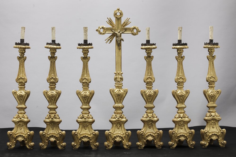 Hunting lodge of Stupinigi, Candlesticks and cross invv. 1101, 1102, 1103, 1104, 1105, 1106, 1107 - after restoration
