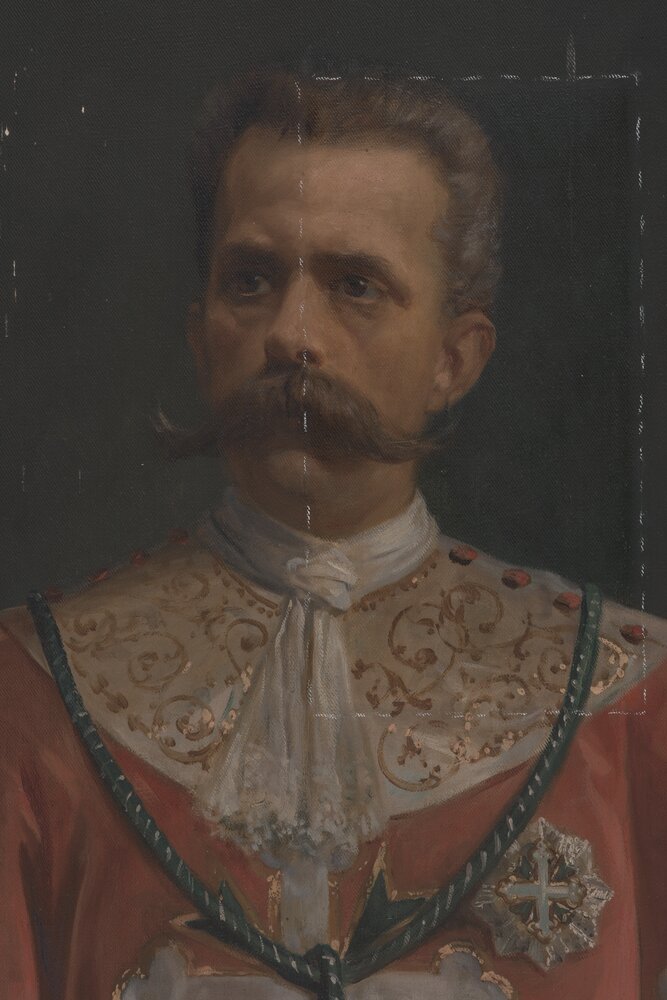 Nichelino, Palazzina di Caccia di Stupinigi, R. Morgari, Ritratto di Umberto I in abiti di gran maestro dell'ordine dei SS: Maurizio e Lazzaro - durante il restauro