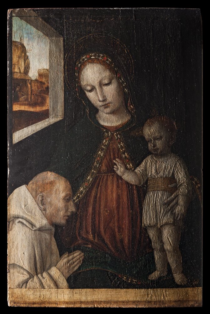 Turin, Galleria Sabauda, A. da Fossano (Bergognone), Madonna with child and a Carthusian, inv. 175 - before restoration, grazing light