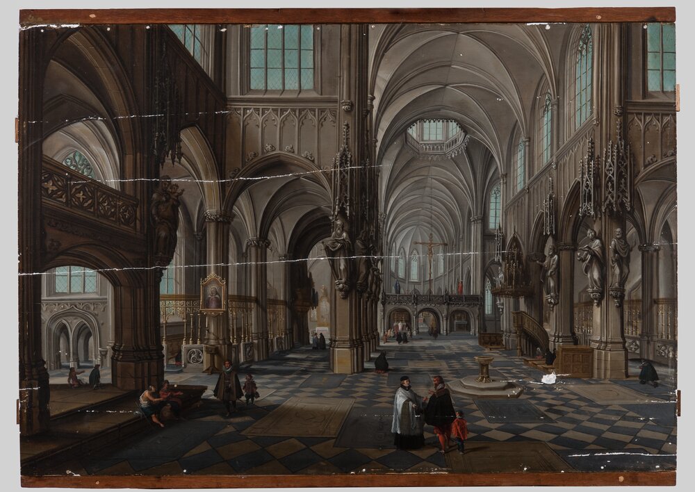 Torino, Galleria Sabauda, H. Van Steenwyck, Interno di chiesa cattolica, inv. 31 - durante il restauro