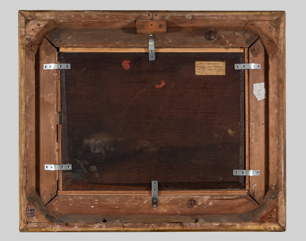 Turin, Galleria Sabauda, G. Griffier, Mountainous landscape with river village and boats, inv. 77, verso - before restoration