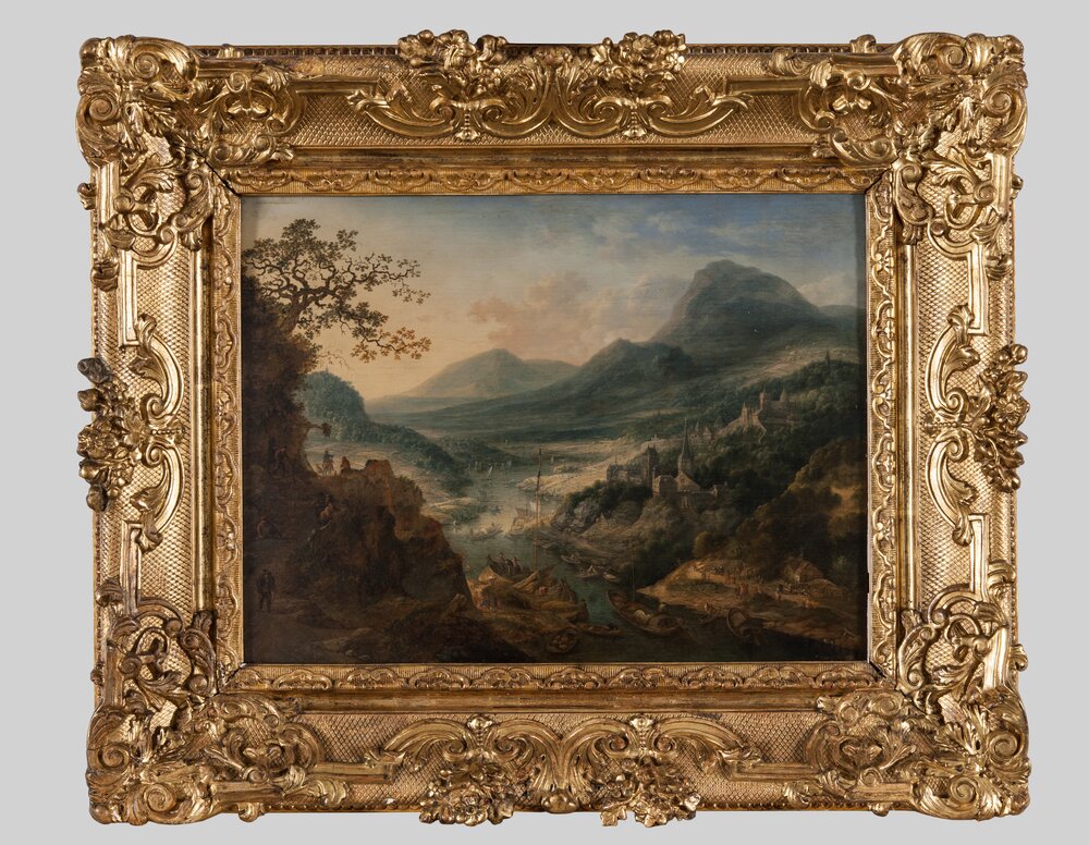 25mc05-TA-2014_Turin, Galleria Sabauda, G. Griffier, Mountainous landscape with river village and boats, inv. 77