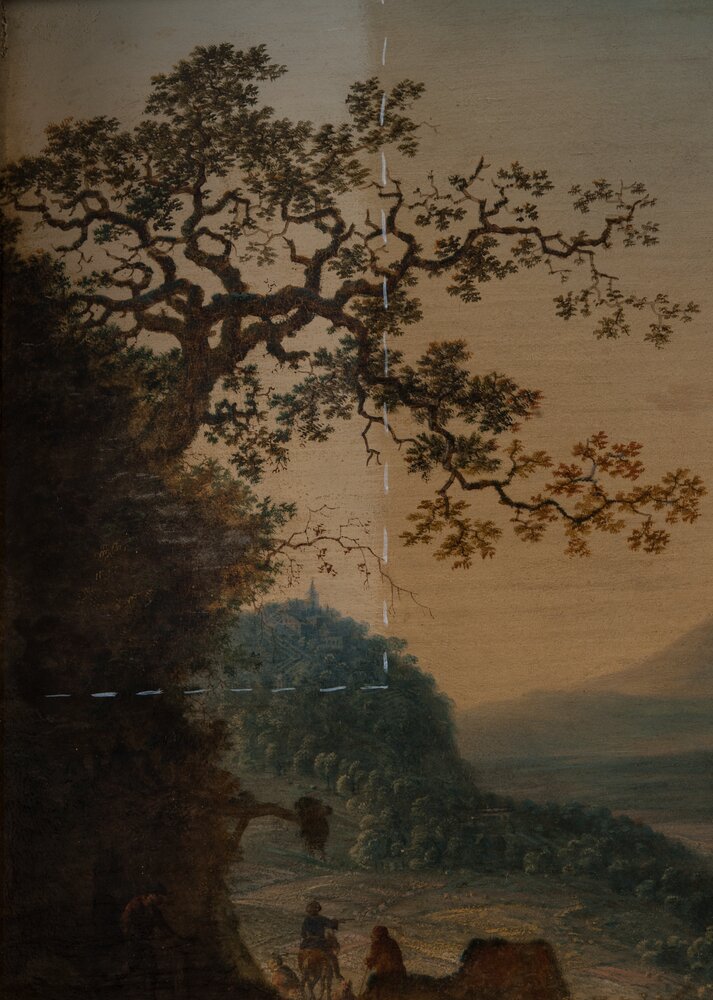 Turin, Galleria Sabauda, G. Griffier, Mountainous landscape with river village and boats, inv. 77 - during the restoration