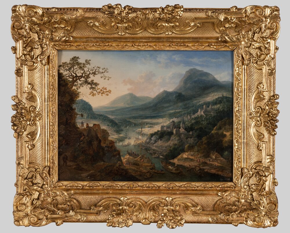 Turin, Galleria Sabauda, G. Griffier, Mountainous landscape with river village and boats, inv. 77 - after restoration